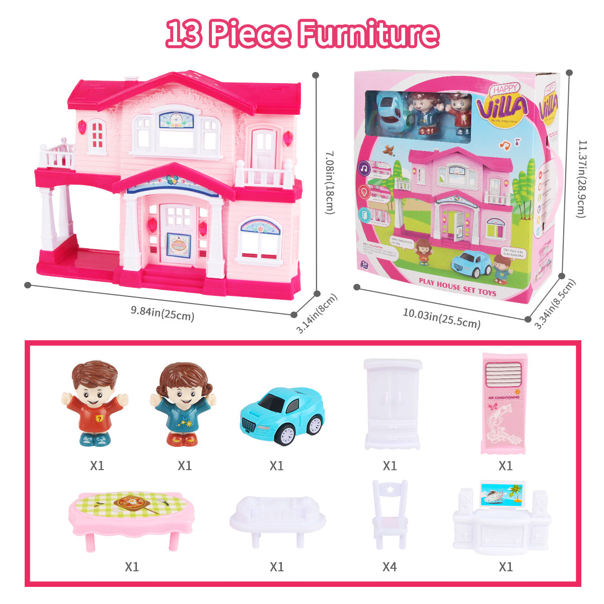 Joyfia 2-Story Doll House, Dollhouse with 2 Figures and Furniture, Dream House with Doorbell & Light for Role Pretend Play, 13 Piece Toddler Playhouse Gift Toys for 3-8 Years Old Girls Boys Kids