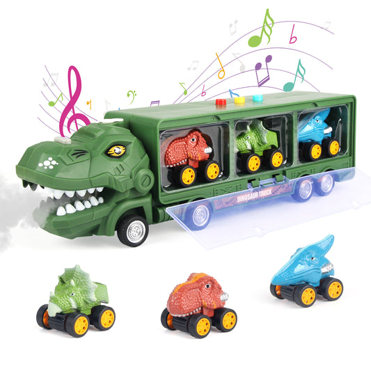Joyfia Dinosaur Toys for Kids 3-7, Dinosaur Transport Carrier Truck for Boys with Spray, Lights, Music & Roaring Sound, 3 Pull Back Dinosaur Cars and Activity Play Mat, Christmas Birthday Gift