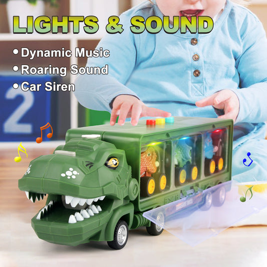 Joyfia Dinosaur Toys for Kids 3-7, Dinosaur Transport Carrier Truck for Boys with Spray, Lights, Music & Roaring Sound, 3 Pull Back Dinosaur Cars and Activity Play Mat, Christmas Birthday Gift
