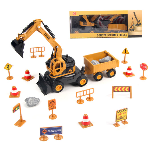 Joyfia Excavator Toys Truck, Construction Truck Toy Set with Road Sign Accessories (15PCS), Outdoor Engineering Vehicle for Sand Party Favor, Birthday Gift for 3-8 Years Old Toddlers Kids Boys