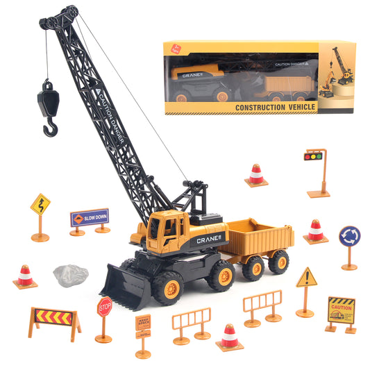 Joyfia Crane Toys Truck, Construction Truck Toy Set with Road Sign Accessories (15PCS), Outdoor Engineering Vehicle for Sand Party Favor, Birthday Gift for 3-8 Years Old Toddlers Kids Boys