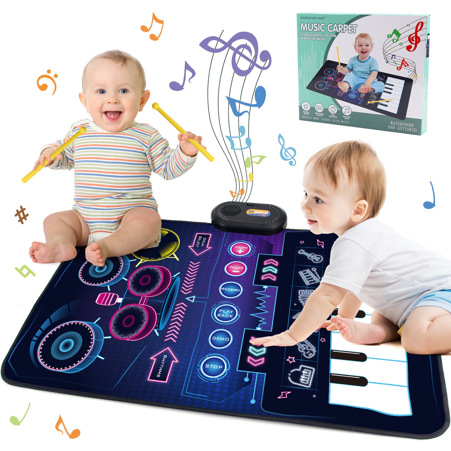 Joyfia Musical Mat, Piano Keyboard & Drum 2 in 1 Toddlers Musical Toys for Touch Play, Floor Music Playmat with 6 Instrument Sounds, Education Learning Toys Gifts for 3 Year Old Kids Girls Boys