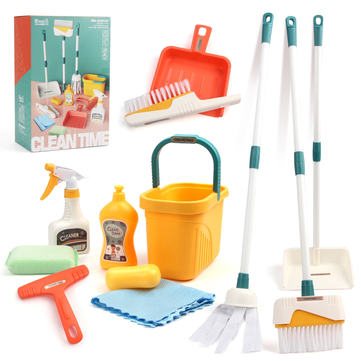 Joyfia Kids Cleaning Set 12 Piece, Toy Cleaning Set Includes Broom, Dustpan, Mop, Brush, Spray, Scraper, Bucket, Sponge and More, Pretend Play Housekeeping Kit for Toddlers Aged 3+