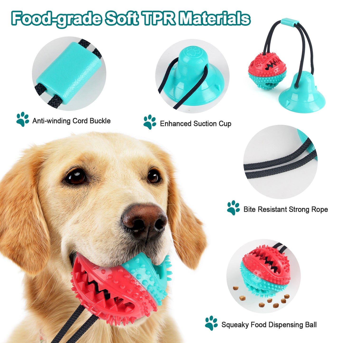 Joyfia Dog Chew Toys for Aggressive Chewers, Interactive Dog Toys Tug of War, Suction Cup Rope Toys for Small Medium Dogs, Puppy Training Squeaky Toys Ball with Teeth Cleaning & Food Dispensing