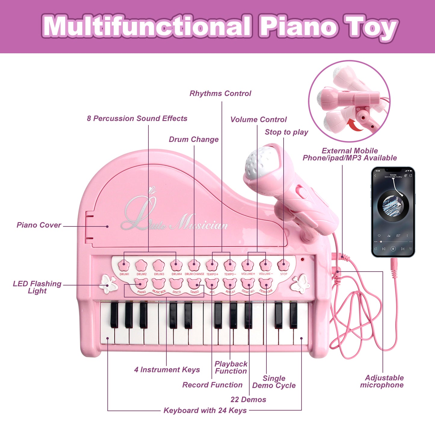 Joyfia Piano Keyboard Toy for Kids, Music Instrument Toy with Microphone for Toddlers 3-5 Years Old, Girls First Birthday Gifts, 24 Keys Mini Multi-Functional Musical Toy (Pink)