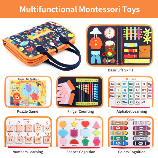 Joyfia Busy Board Montessori Toys for Toddlers 1-3, 20-IN-1 Activity Sensory Toys Develop Fine Motor Skills, 8 Pages Preschool Learning Toys, Educational Travel Toys for 3 Year Old Boys & Girls Gifts