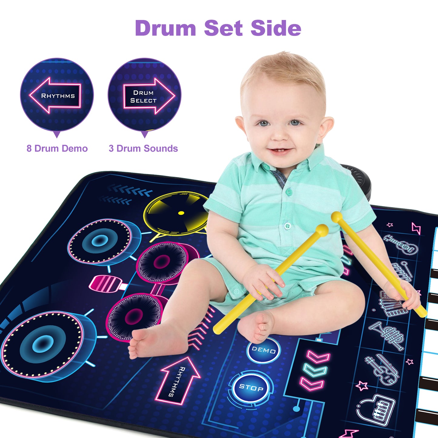 Joyfia Musical Mat, Piano Keyboard & Drum 2 in 1 Toddlers Musical Toys for Touch Play, Floor Music Playmat with 6 Instrument Sounds, Education Learning Toys Gifts for 3 Year Old Kids Girls Boys