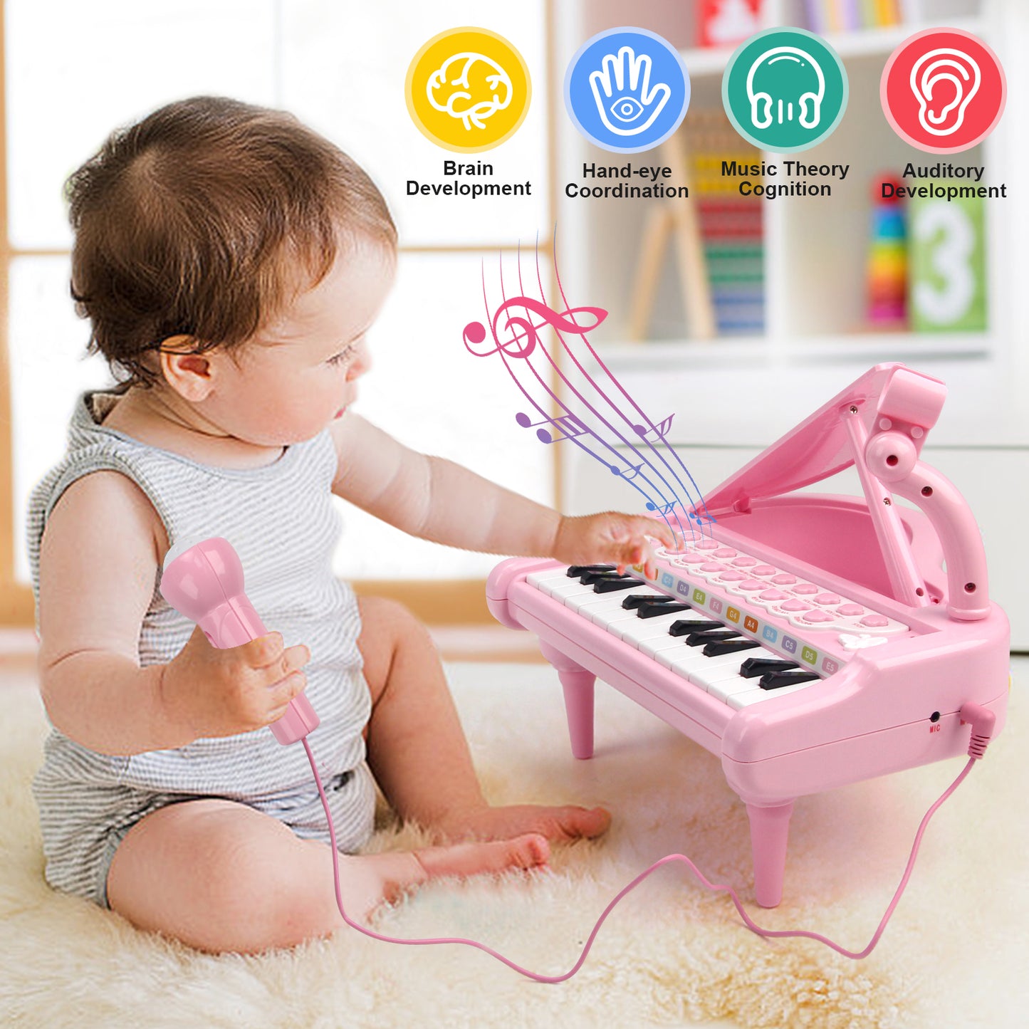 Joyfia Piano Keyboard Toy for Kids, Music Instrument Toy with Microphone for Toddlers 3-5 Years Old, Girls First Birthday Gifts, 24 Keys Mini Multi-Functional Musical Toy (Pink)