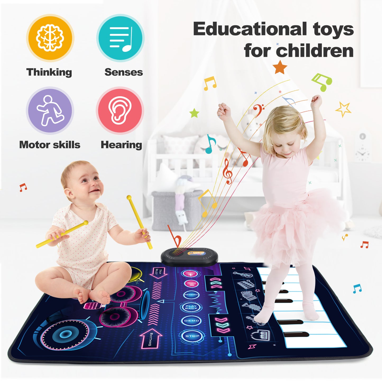 Joyfia Musical Mat, Piano Keyboard & Drum 2 in 1 Toddlers Musical Toys for Touch Play, Floor Music Playmat with 6 Instrument Sounds, Education Learning Toys Gifts for 3 Year Old Kids Girls Boys