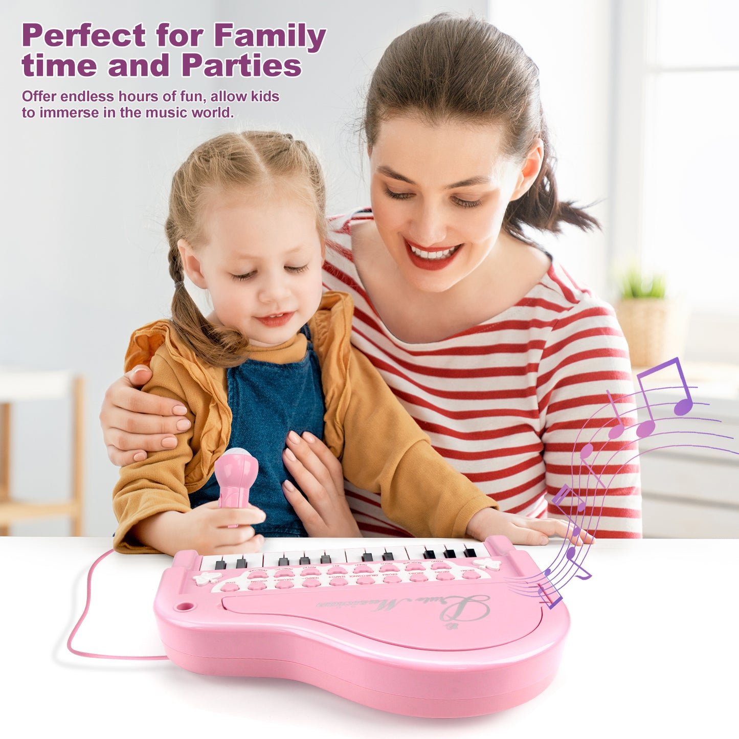 Joyfia Piano Keyboard Toy for Kids, Music Instrument Toy with Microphone for Toddlers 3-5 Years Old, Girls First Birthday Gifts, 24 Keys Mini Multi-Functional Musical Toy (Pink)