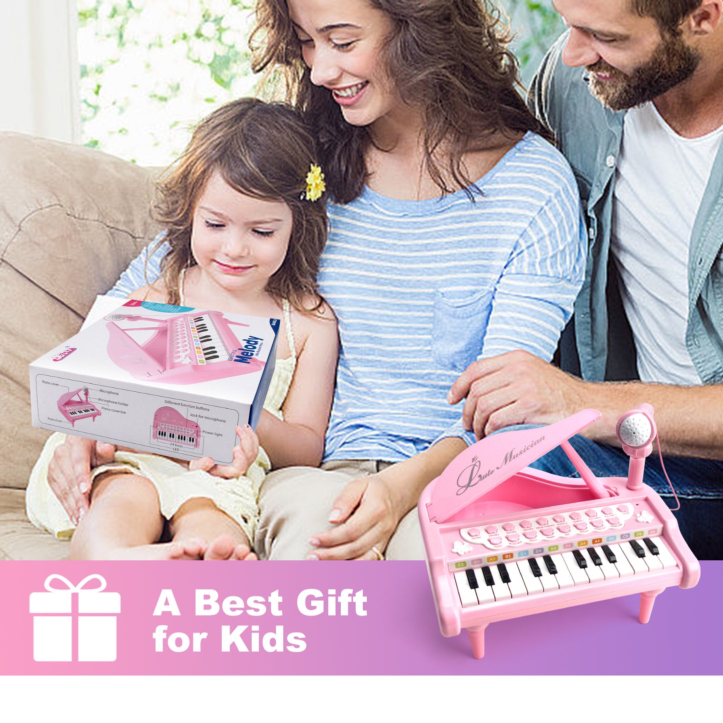 Joyfia Piano Keyboard Toy for Kids, Music Instrument Toy with Microphone for Toddlers 3-5 Years Old, Girls First Birthday Gifts, 24 Keys Mini Multi-Functional Musical Toy (Pink)