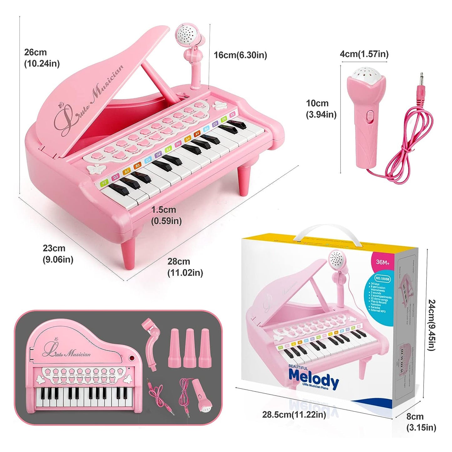 Joyfia Piano Keyboard Toy for Kids, Music Instrument Toy with Microphone for Toddlers 3-5 Years Old, Girls First Birthday Gifts, 24 Keys Mini Multi-Functional Musical Toy (Pink)