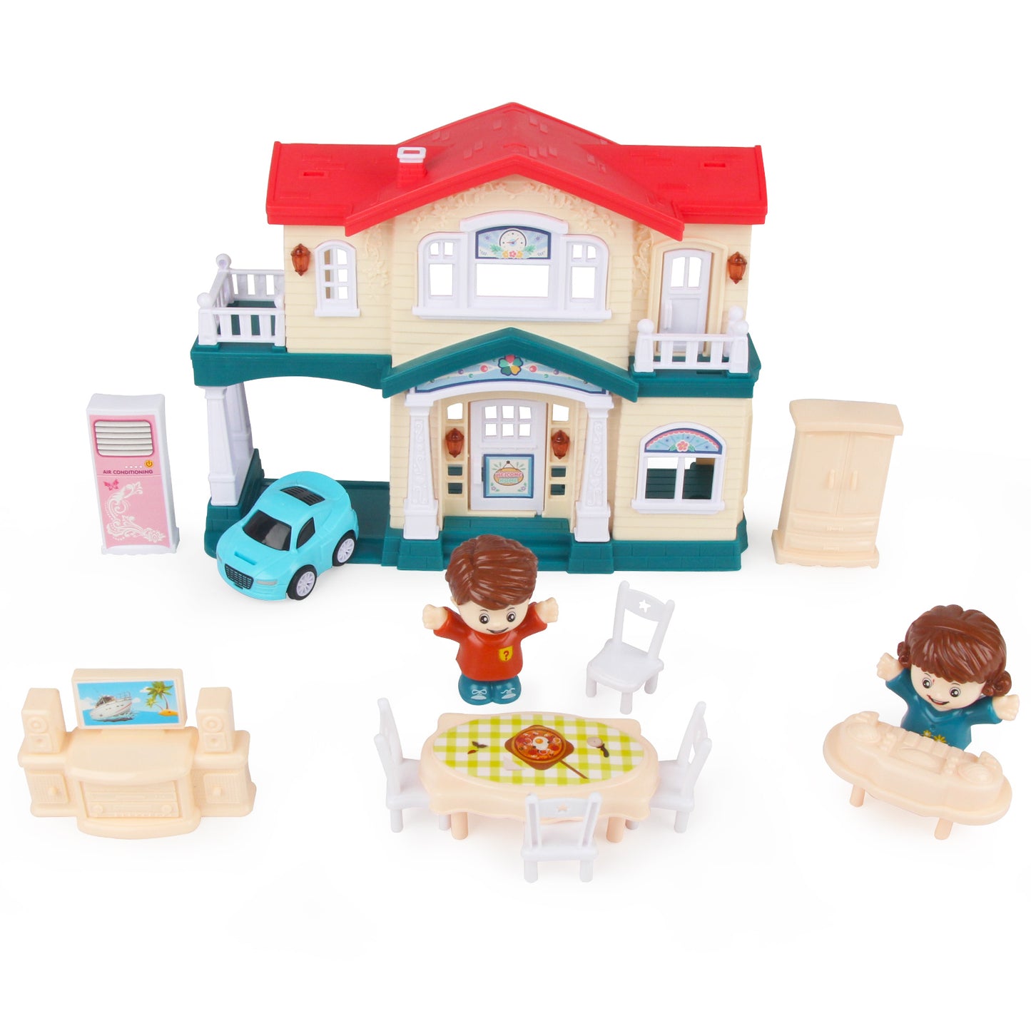 Joyfia 2-Story Dollhouse, Doll House with 2 Figures and Furniture, Dreamhouse with Doorbell & Light for Role Pretend Play, 13 Piece Toddler Playhouse Gift Toys for 3-8 Years Old Girls Boys Kids
