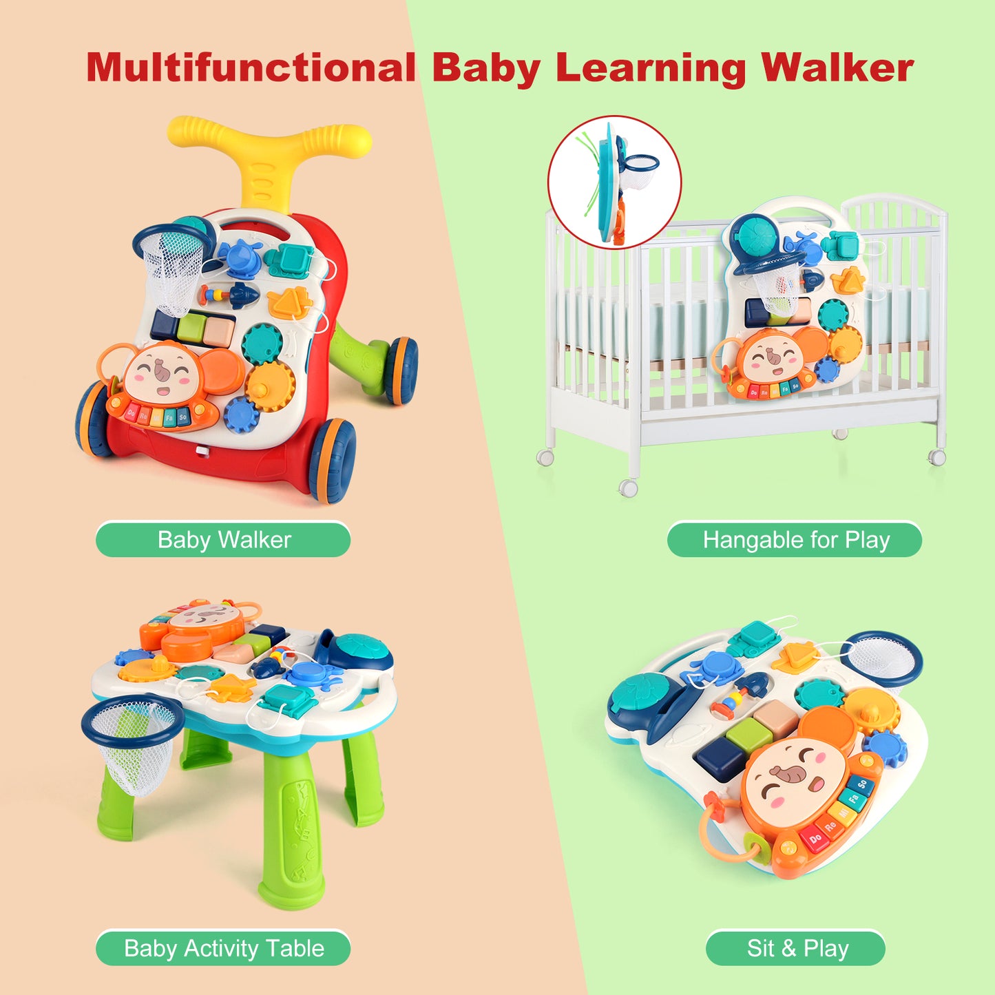 Joyfia Sit-to-Stand Learning Walker, Baby Walker with Musical Play Table and Activity Center, 3 in 1 Push & Pull Baby Walking Toy, Early Educational Toy Gift for Kids Infants Boys Girls