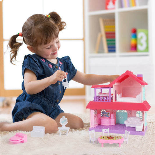 Joyfia 2-Story Doll House, Play House Toddler Playset with Doorbell & Light, 16 Piece Role Pretend Play Dreamhouse Toys, Gifts for 3-8 Years Old Girls Boys, Furniture and Accessories Included