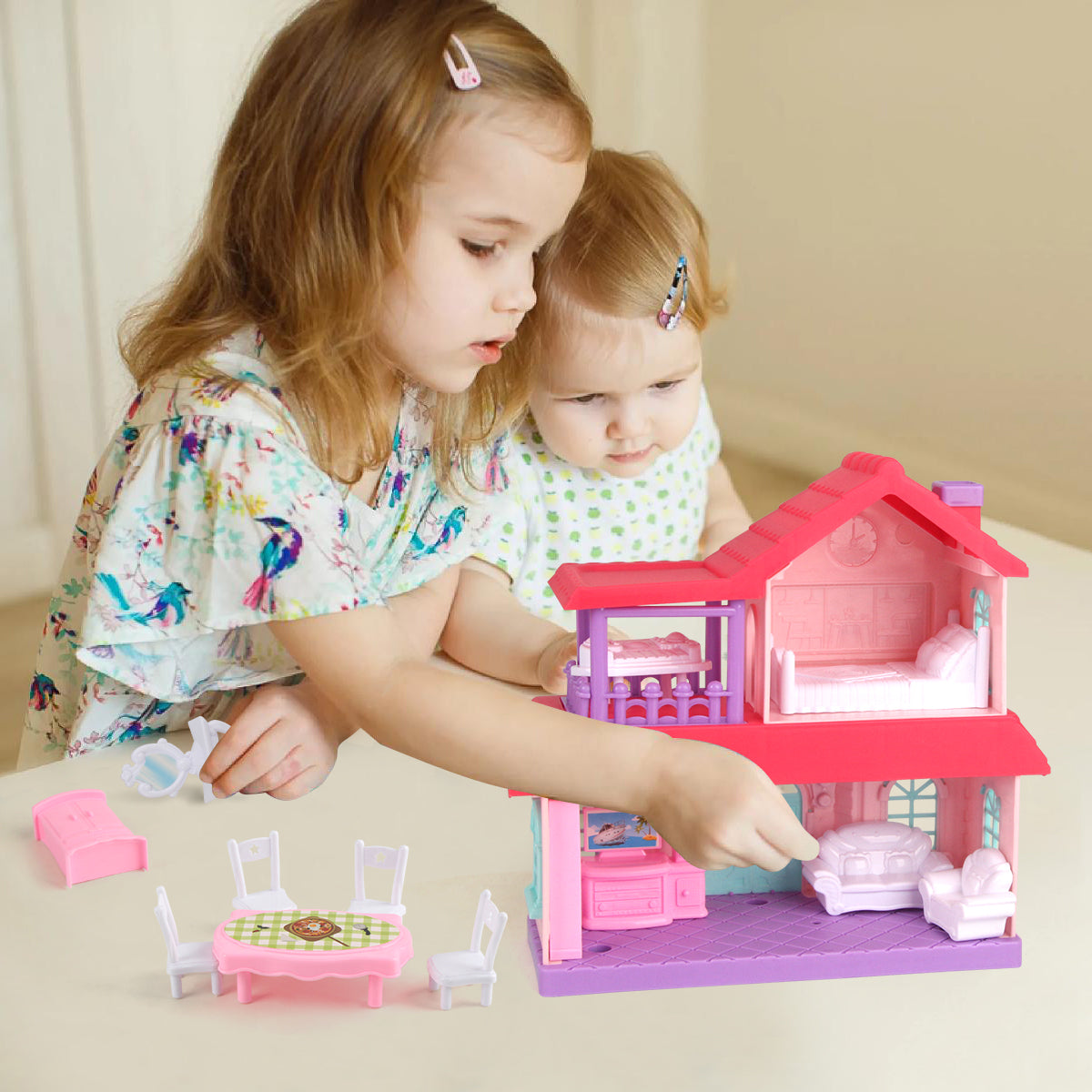 Girls 2 Storey Doll House and Play Doll Set