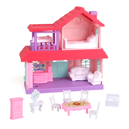 Joyfia 2-Story Doll House, Play House Toddler Playset with Doorbell & Light, 16 Piece Role Pretend Play Dreamhouse Toys, Gifts for 3-8 Years Old Girls Boys, Furniture and Accessories Included