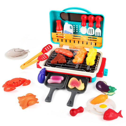 Joyfia 31 PCS Cooking Toy Set, Kids BBQ Grill Toy, Kitchen Cooking Playset with Spray, Light, Sound & Color Changing, Pretend Play Food & Dishes Toy, Birthday Gift Toy for Girls Boys 3-8 year old
