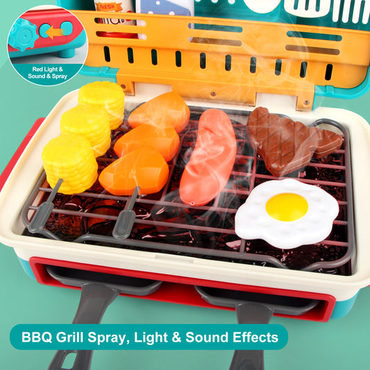 Joyfia 31 PCS Cooking Toy Set, Kids BBQ Grill Toy, Kitchen Cooking Playset with Spray, Light, Sound & Color Changing, Pretend Play Food & Dishes Toy, Birthday Gift Toy for Girls Boys 3-8 year old