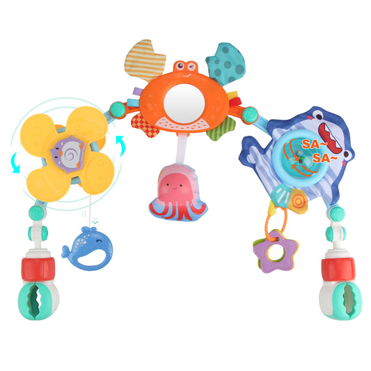 Joyfia Baby Stroller Arch Toy, Newborns Sensory Activity Arch Toy with Teethers, Rattle, Mirror & Windmill, Crib Car Seat Toy for Infants Toddlers 0-12 Months, Developmental Gifts for Boys Girls