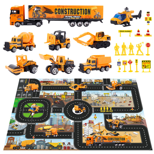 Joyfia Construction Vehicles for Boys, Kids Toys Truck Push and Go Car with Playmat & Road Signs, Excavator Bulldozer Toddlers Toys Gift for 3-8 Years Old