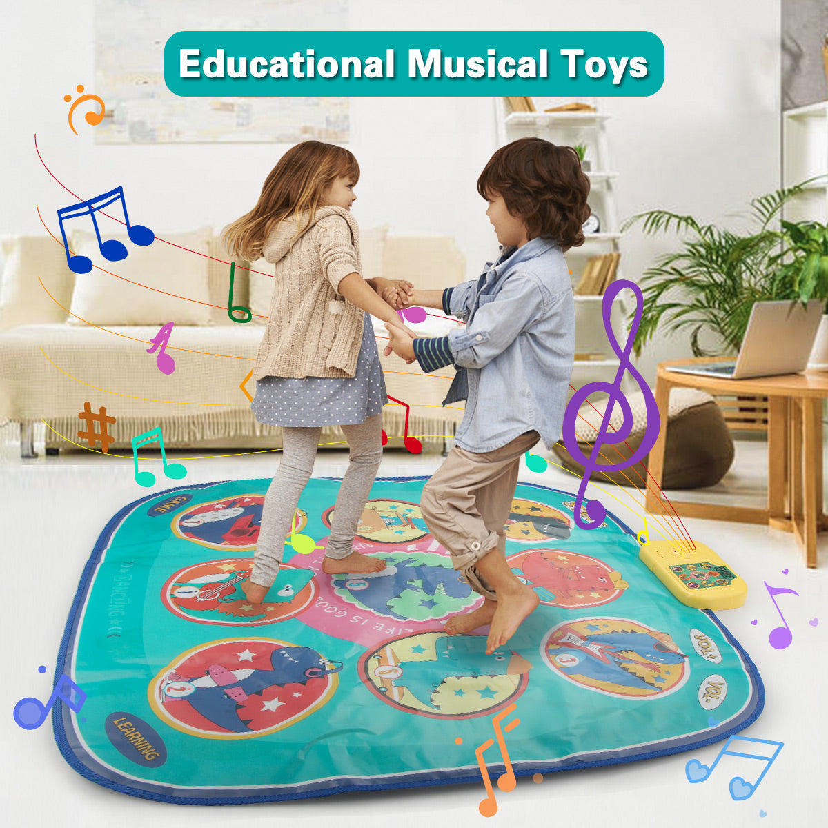 Joyfia Dance Mat, Dance Game Toy for Ages 3-10+ Kids Girls Boys, 3 Modes Electronic Musical Playmat, 5 Challenge Levels, Adjustable Volume Dinosaur Dance Pad with LED Lights, Christmas Birthday Gift