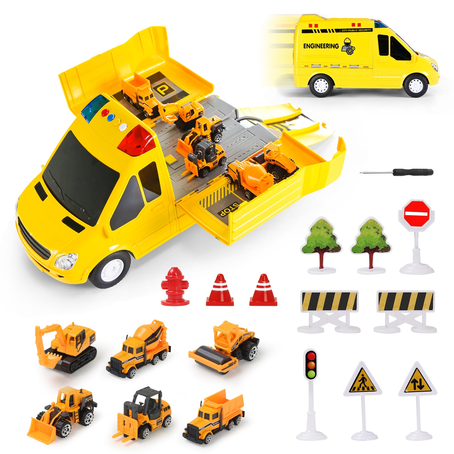 Joyfia Construction Truck Toys for 3 4 5 Years Old Toddlers Kids Boys and Girls Gifts, Transport Car Toy Set with Sound and Light, Big Carrier Truck with 6 Mini Excavator Mixer Bulldozer Dump Cars