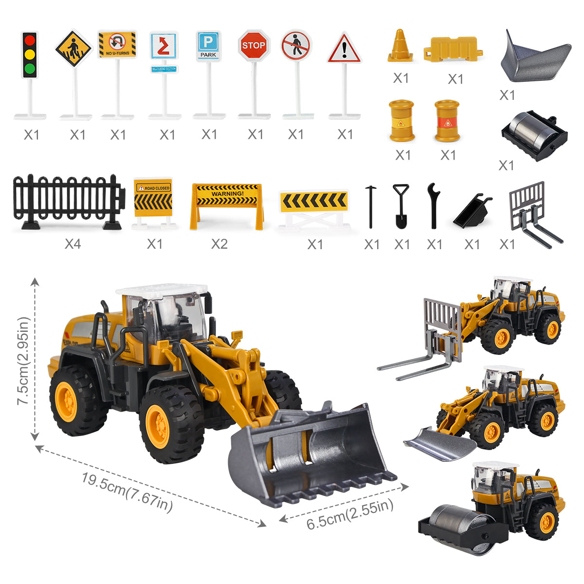 Joyfia 1: 55 Scale Construction Vehicles Trucks, Bulldozer, Forklift, Snowplow, Wheel Loader, 4 Alloy Interchangeable Parts, Kids Engineering Outdoor Sandbox Toys, Gift for Boys Toddlers 3-8 Years Old