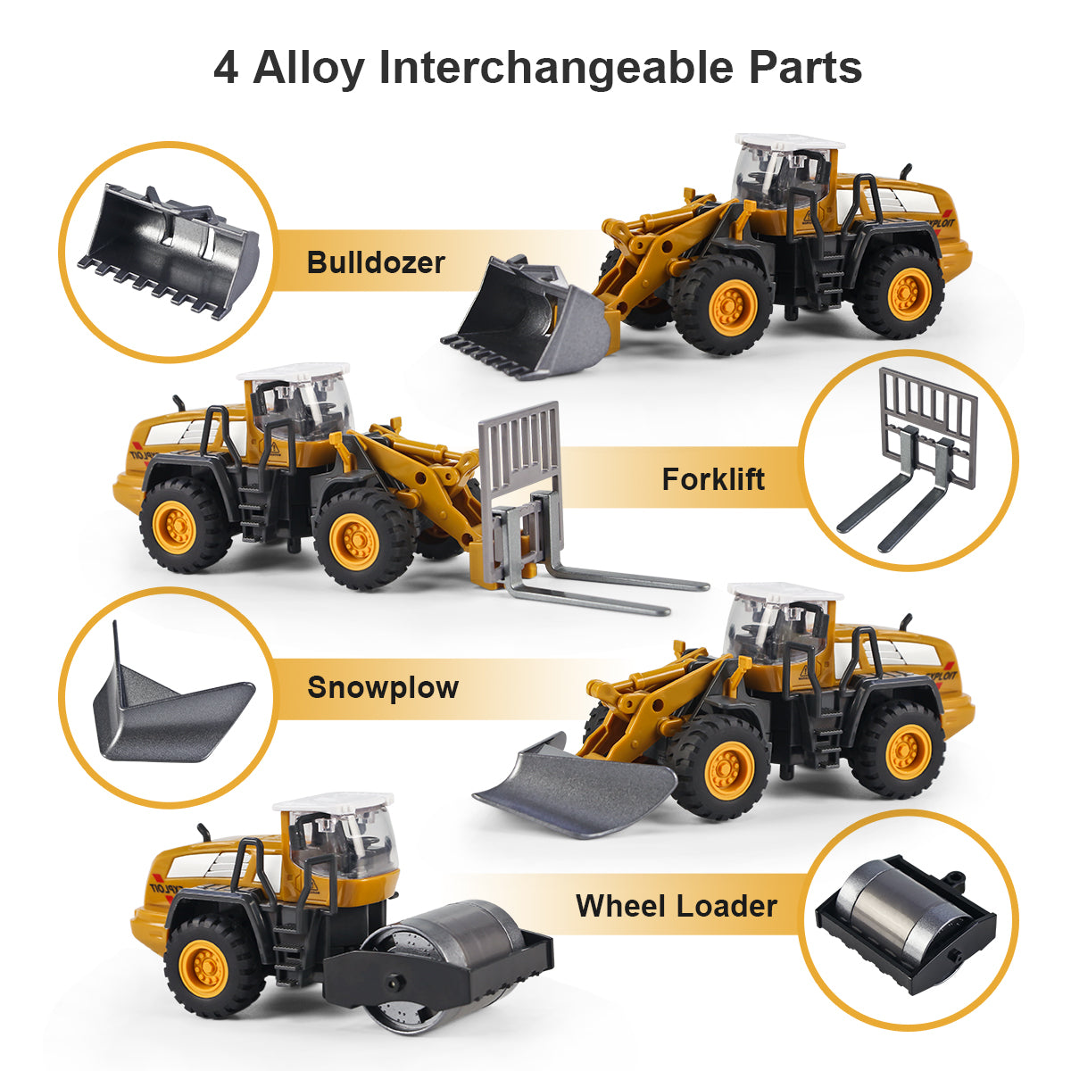 Joyfia 1: 55 Scale Construction Vehicles Trucks, Bulldozer, Forklift, Snowplow, Wheel Loader, 4 Alloy Interchangeable Parts, Kids Engineering Outdoor Sandbox Toys, Gift for Boys Toddlers 3-8 Years Old