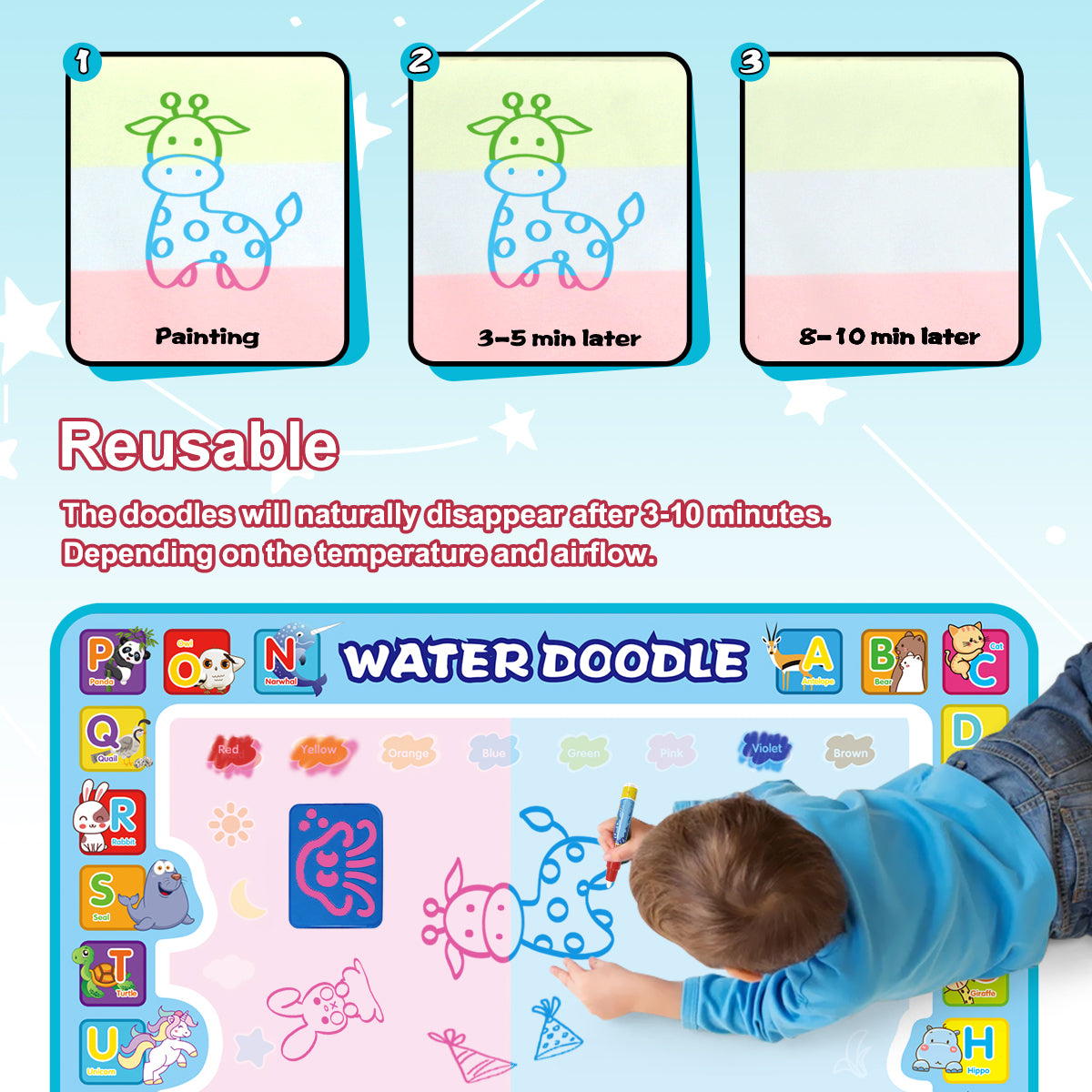 Joyfia Water Doodle Mat, 100 x 100 cm Large Water Drawing Doodling Mat, Mess-Free Coloring Painting Mat, Educational Toys Birthday Gifts for Kids Toddlers Boys Girls Age 3-8 Year Old