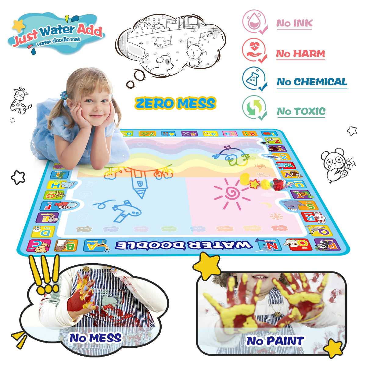Joyfia Water Doodle Mat, 100 x 100 cm Large Water Drawing Doodling Mat, Mess-Free Coloring Painting Mat, Educational Toys Birthday Gifts for Kids Toddlers Boys Girls Age 3-8 Year Old