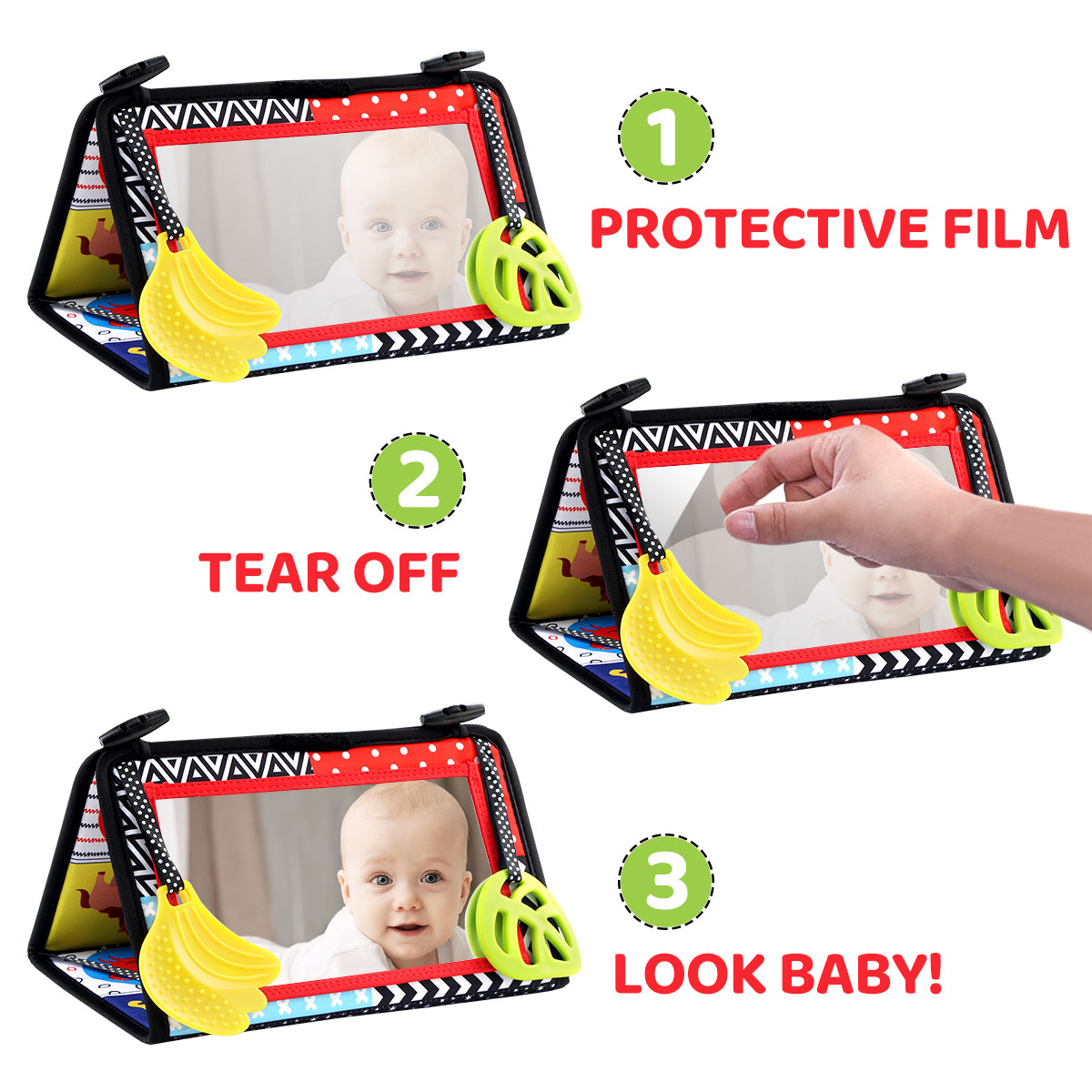 Joyfia Tummy Time Floor Mirror, High Contrast Baby Book, Soft Crinkle Cloth Book with Teethers, Activity Sensory Developmental Gift Toys for Infants Newborn Boys Girls 0-12 Months