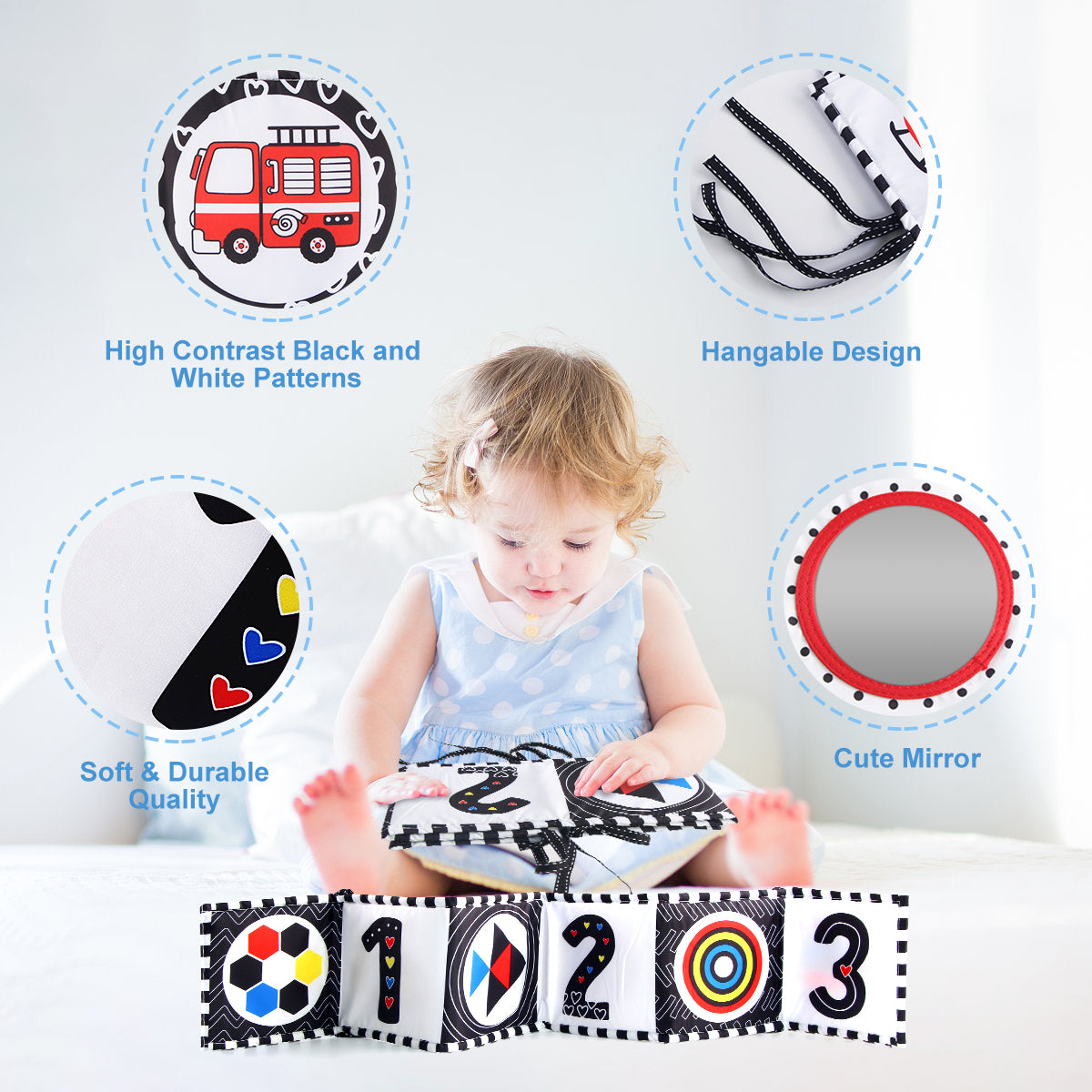 Joyfia Tummy Time Book for Baby, High Contrast Baby Book for Newborns, Black and White Cloth Book with Mirror, Folding Infant Crib Toy, Educational Developmental Girls Boys 0-12 Months
