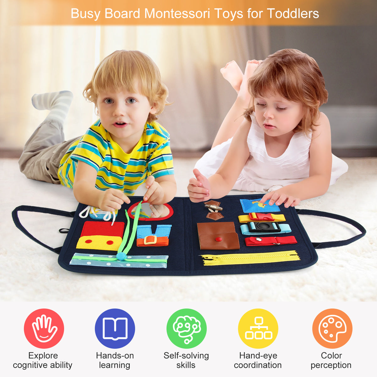 Joyfia Busy Board, Montessori Toys for Toddlers 1-3, Activity Sensory Board for Fine Motor Skills Learning, Preschool Educational Toys Travel Activities for Plane, Gifts for 2-4 Year Old Boys Girls