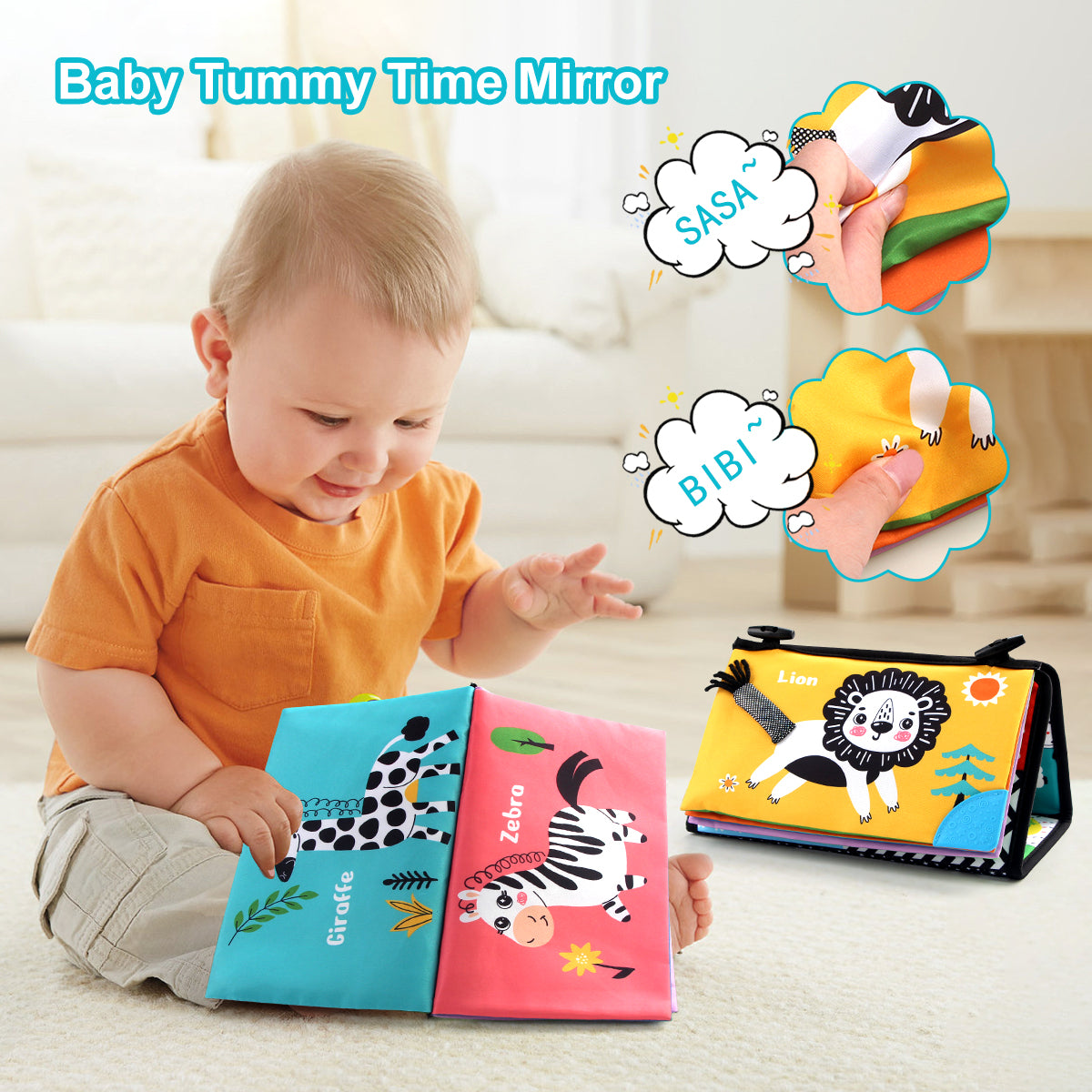 Joyfia Tummy Time Floor Mirror, High Contrast Baby Book, Soft Crinkle Cloth Book with Teethers, Activity Sensory Developmental Gift Toys for Infants Newborn Boys Girls 0-12 Months