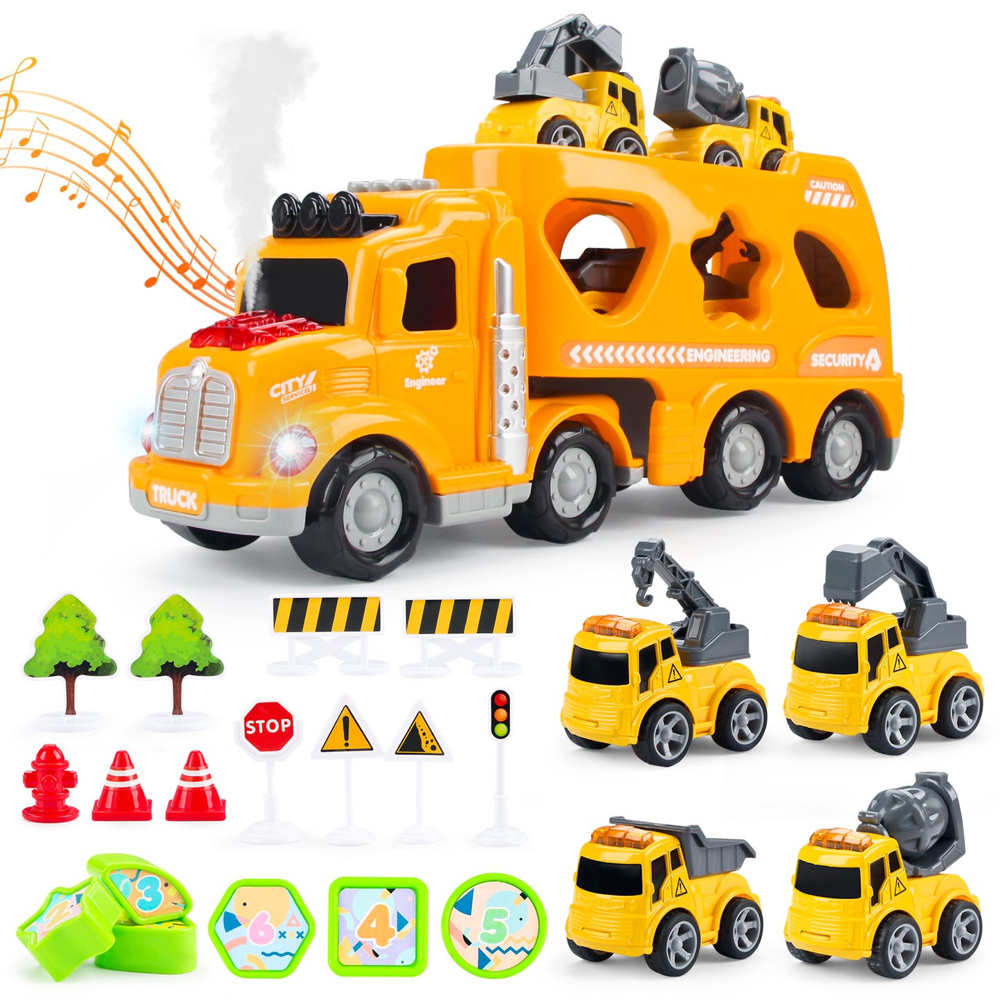 Joyfia Construction Truck Toys for 3-8 Year Old Boys, 5 in 1 Transport Truck Carrier Toy with Light and Sound & Vapor Spray, Mini Crane Mixer Dump Excavator Toy, Christmas Birthday Gifts for Kids