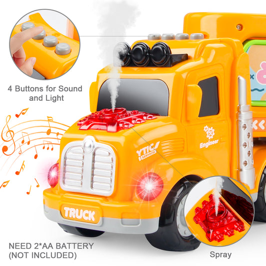 Joyfia Construction Truck Toys for 3-8 Year Old Boys, 5 in 1 Transport Truck Carrier Toy with Light and Sound & Vapor Spray, Mini Crane Mixer Dump Excavator Toy, Christmas Birthday Gifts for Kids