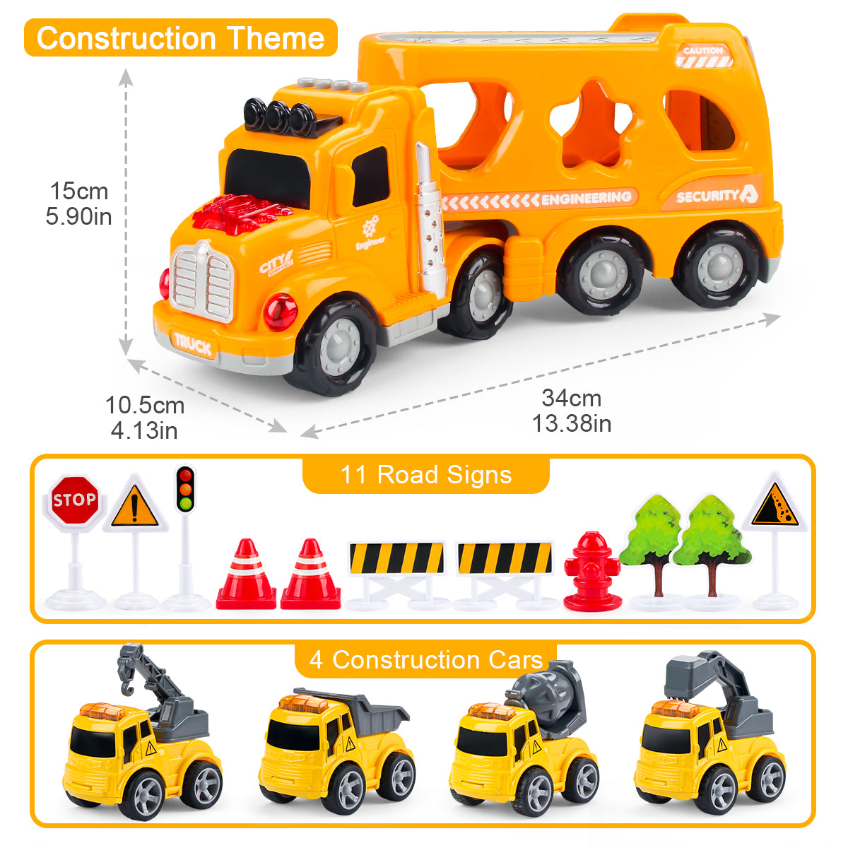 Joyfia Construction Truck Toys for 3-8 Year Old Boys, 5 in 1 Transport Truck Carrier Toy with Light and Sound & Vapor Spray, Mini Crane Mixer Dump Excavator Toy, Christmas Birthday Gifts for Kids