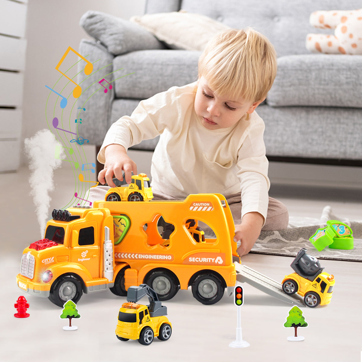 Joyfia Construction Truck Toys for 3-8 Year Old Boys, 5 in 1 Transport Truck Carrier Toy with Light and Sound & Vapor Spray, Mini Crane Mixer Dump Excavator Toy, Christmas Birthday Gifts for Kids