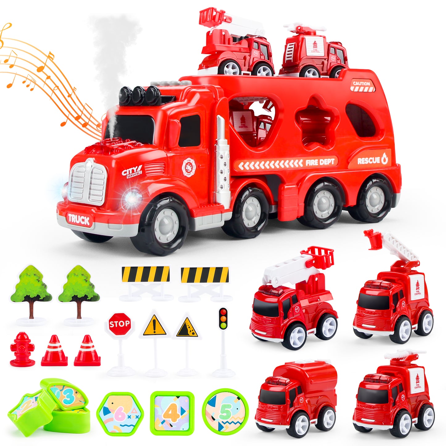 Joyfia Fire Truck Toys for 3-8 Year Old Boys, 5 in 1 Transport Truck Carrier Toy with Light and Sound & Vapor Spray, Mini Fire Rescue Truck Toy, Christmas Birthday Gifts for Kids