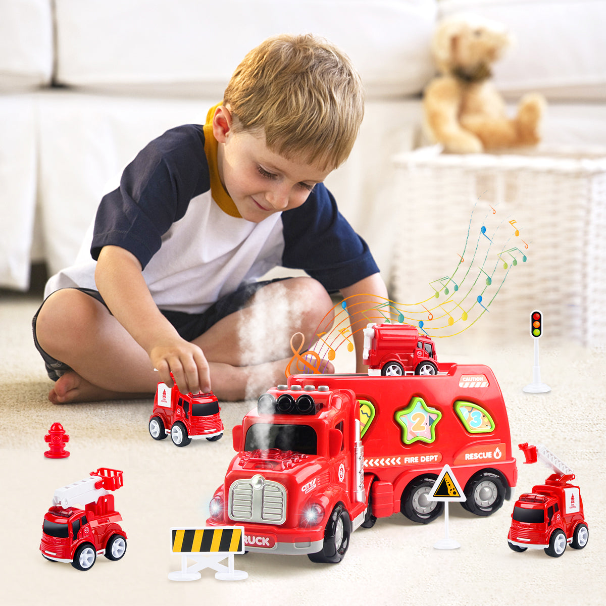Joyfia Fire Truck Toys for 3-8 Year Old Boys, 5 in 1 Transport Truck Carrier Toy with Light and Sound & Vapor Spray, Mini Fire Rescue Truck Toy, Christmas Birthday Gifts for Kids