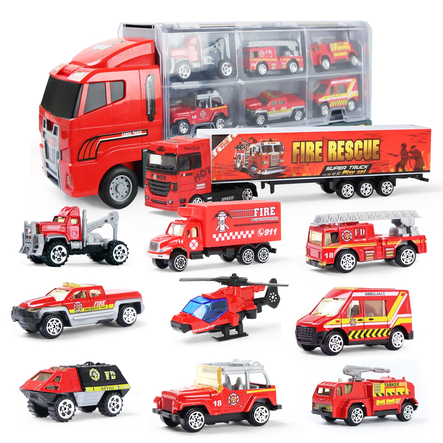 Joyfia 10 in 1 Fire Truck Toys, Mini Die-cast Fire Engine Car Toy Set in Carrier Truck, Rescue Emergency Double Side Transport Vehicle for 3 Years Old Boys and Girls