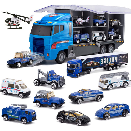 Joyfia 10 in 1 Police Toys, Die-cast Police Patrol Rescue Truck, Mini Police Vehicles in Carrier Car Toy Playset for 3+ Years Old Kids Boys Girls