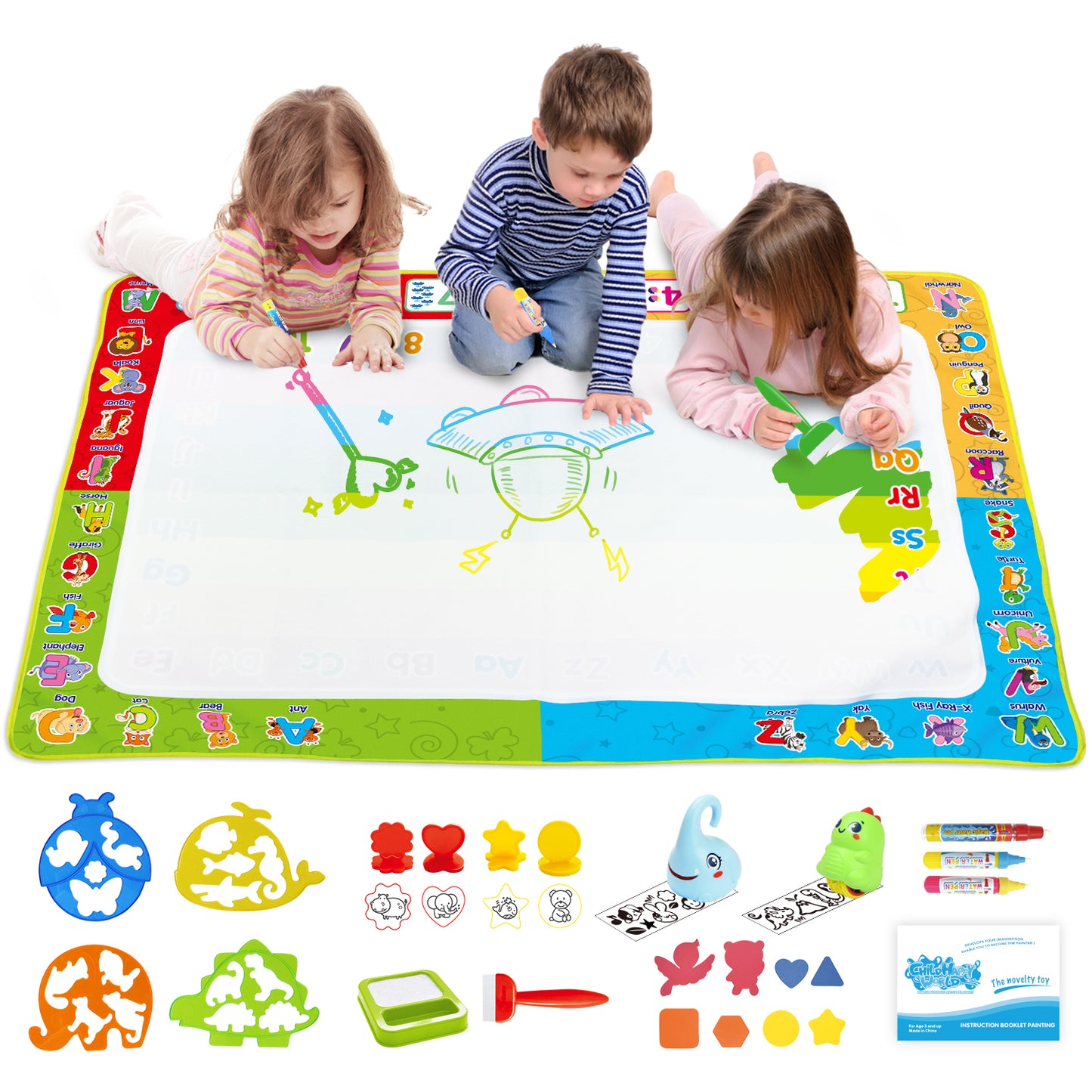 Joyfia Water Doodle Mat, 42 X 32 Inches Kids Toys Large Water Drawing Mat for Toddlers, Mess Free Painting Coloring Mat with Pens and Drawing Molds, Educational Toys Gifts for Boys Girls Age 3+