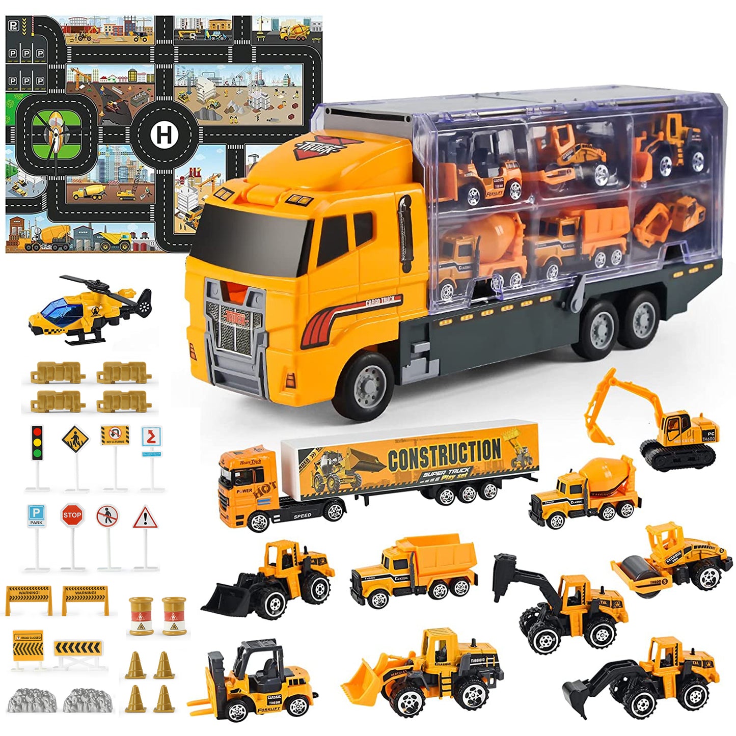 Joyfia Construction Vehicles for Boys, 11 in 1 Mini Construction Cars in Transport Carrier Truck, Kids Engineering Playset with Playmat, Excavator Bulldozer Toddlers Toys Gift for 3-8 Years Old