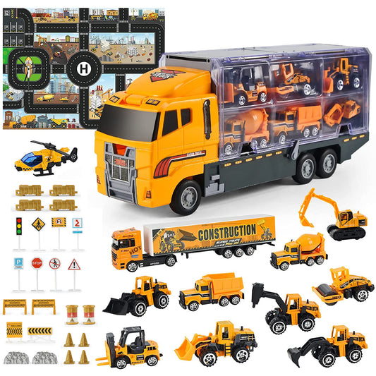 Joyfia Construction Vehicles for Boys, 11 in 1 Mini Construction Cars in Transport Carrier Truck, Kids Engineering Playset with Playmat, Excavator Bulldozer Toddlers Toys Gift for 3-8 Years Old