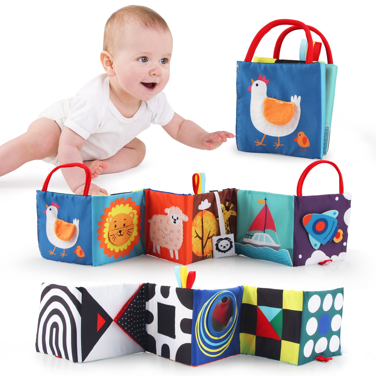 Joyfia Baby Toys 0-6 Months, High Contrast Baby Books 3-6 Months, Infant Folding Crinkle Touch Feel Cloth Book 6-18 Months, Sensory Tummy Time Toys Car Seat Stroller Toys Newborn Girl Boy Gift