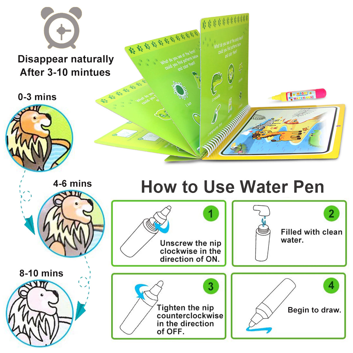 Joyfia Water Drawing Books, Mess-Free Coloring Books for Toddlers, Water Doodle Painting Board with Pen, Educational Birthday Gift Toys for Kids Girls Boys (Dinosaur & Cartoon & Vehicle)