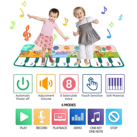 Joyfia Baby Musical Mats, Kids Piano Keyboard Floor Dance Mat with 17 Keys, 6 Play Modes, 8 Animal Sounds, Animal Touch Play Mat for Toddlers 3-5, Xmas Gift Toys for Boys Girls (43.3x14.2in)