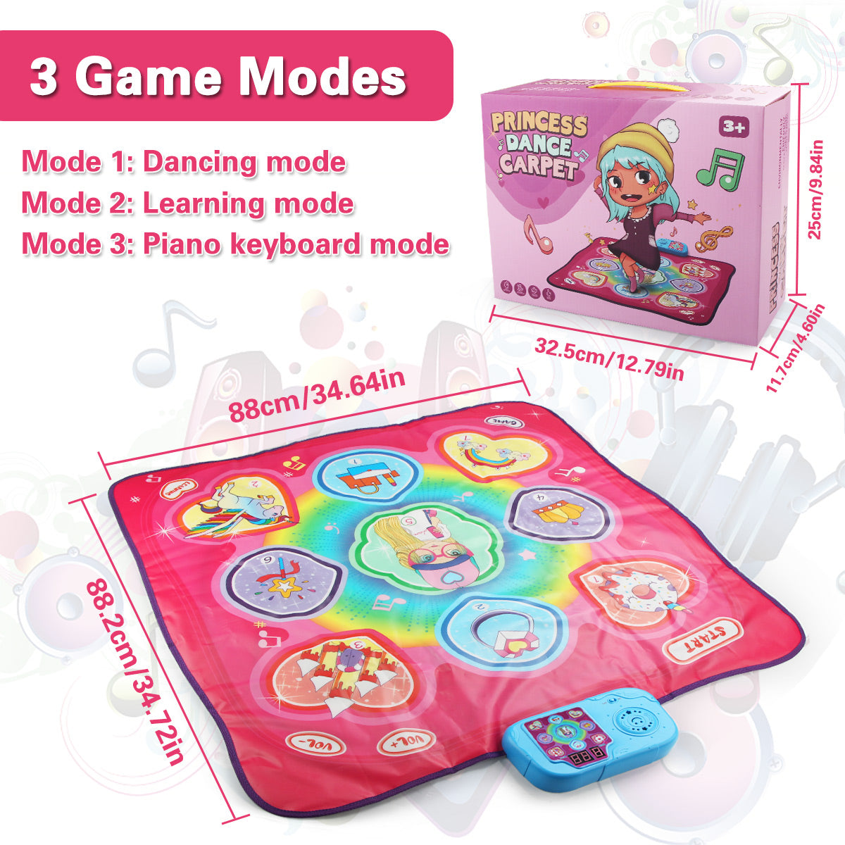 Joyfia Dance Mat, Dance Game Toy for Ages 3-10+ Kids Girls Boys, 3 Modes Electronic Musical Playmat, 5 Challenge Levels, Adjustable Volume Pink Dance Pad with LED Lights, Christmas Birthday Gift